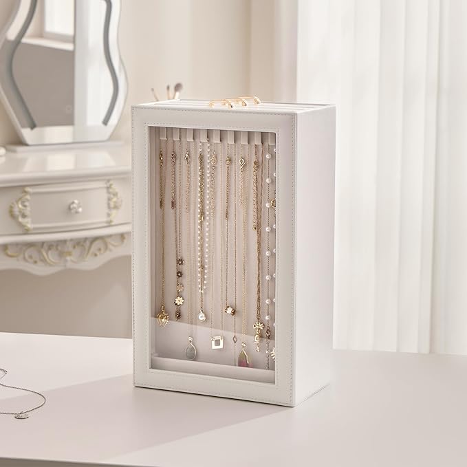 Lolalet Necklace Organizer Box, Jewelry Storage Box with Clear Window for Necklaces Bracelets, Tangle-Free Necklace Display Case for Women Girls -White, 3 Layers 30 Hooks