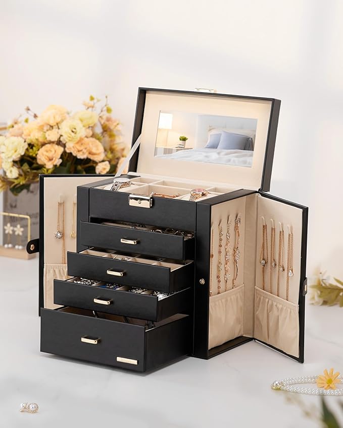 Homde Synthetic Leather Huge Jewelry Box Mirrored Watch Organizer Necklace Ring Earring Storage Lockable Gift Case (Black + Gold)