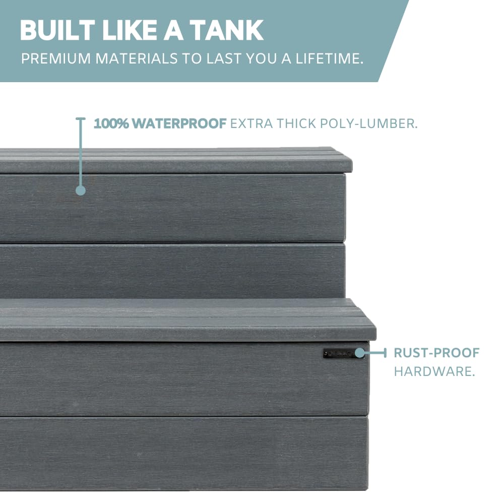 DENKOE Hot Tub Steps - Wood-Looking Plastic, 100% Waterproof, Gray Non-Slip, Heavy Duty Outdoor Spa Stairs - Multi-Use for Porch, Fits Any Size