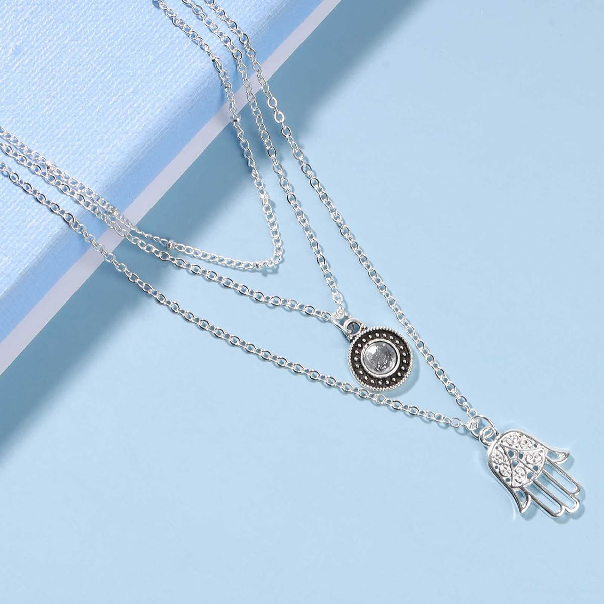 Boho Layered Opal Moonstone Necklace Silver Hamsa Pendant Necklace Futian Hand Necklace Chain Opalite Gem Necklace Jewelry for Women and Girls