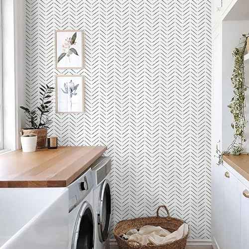 Rugreat Herringbone Peel and Stick Wallpaper Modern Stripe Contact Paper for Cabinets Neutral Self Adhesive Removable Wallpaper for Bedroom Bathroom Waterproof Black and White 78.8inL17.3inW