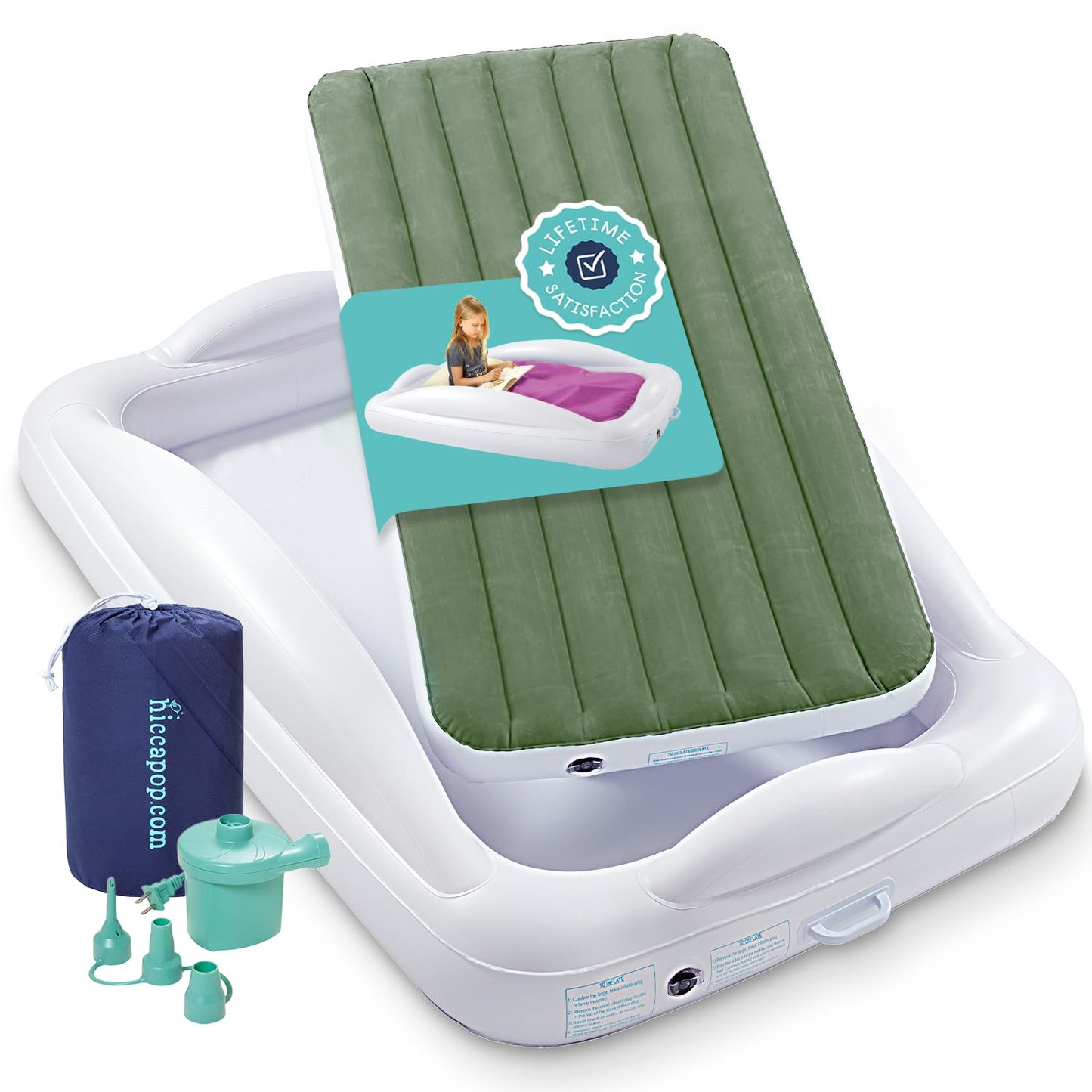 Hiccapop Inflatable Toddler Travel Bed with Safety Bumpers [4-Sided], Portable Toddler Bed for Kids, Toddler Air Mattress, Kids Air Mattress - Sage Green