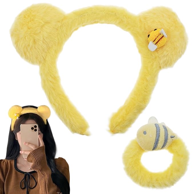 Yellow Plush Bear Ears Headband and Hair Ties, 2-Piece Spa Headband & Wristband Set, Soft Towels Washbands Elastic Plush Bear Spa Hairband, Ponytail Holders