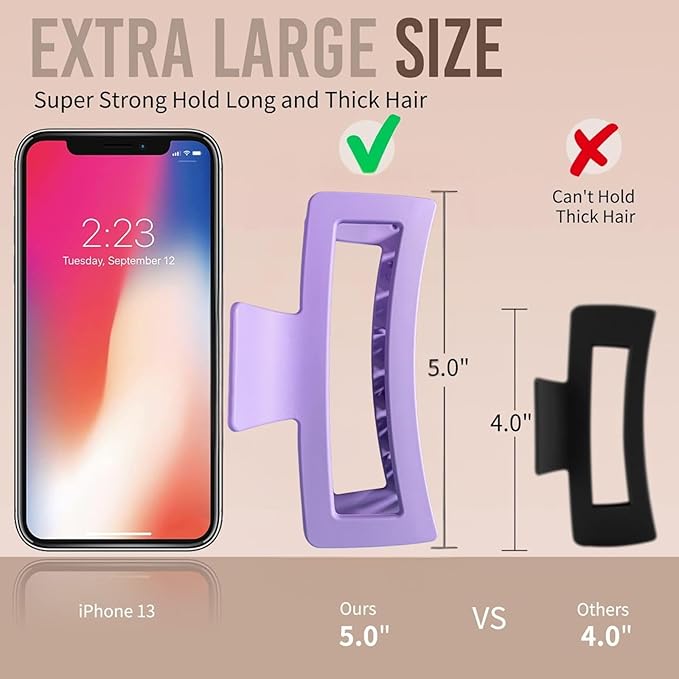 5 Inche Extra Large Claw Clips for Thick and Long Hair, 4 Pack Xl Jumbo Oversized Matte Non-slip Rectangle Hair Clips for Women, Big Strong Hold Jaw MultiColor2