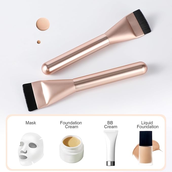 2Pcs Flat Foundation Brush,Face Mask Brush Makeup Spatula Facial Brush for Liquid Foundation Mask,Premium Face Korean Makeup Brush for Blending Cream (Silver&Rose Gold)