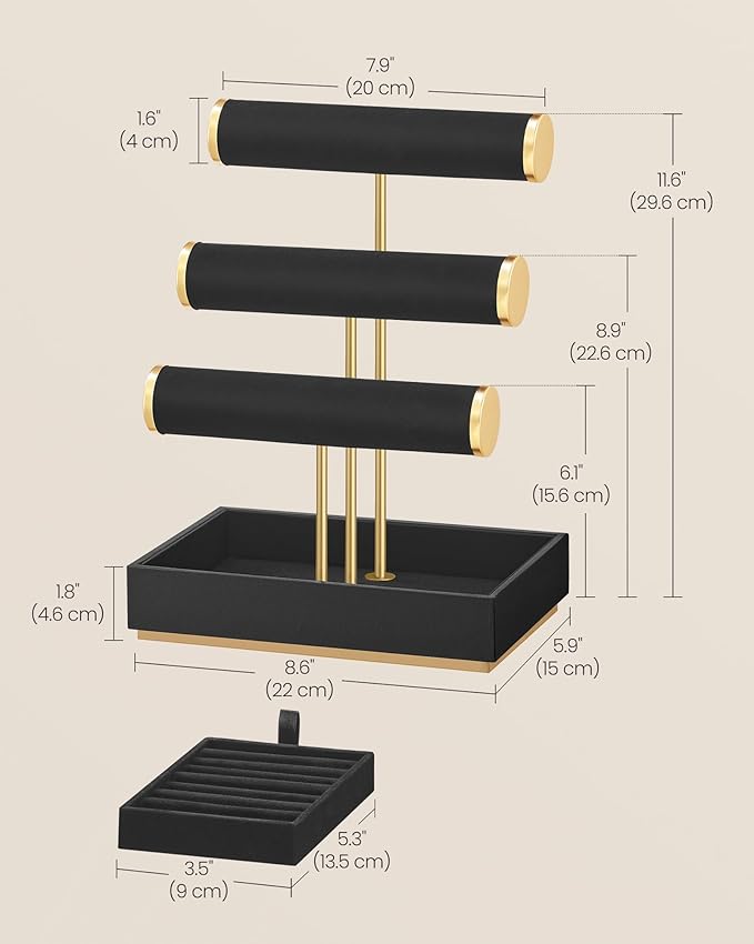 SONGMICS Bracelet Holder Stand, Jewelry Display Stand, Jewelry Organizer, with 3 Tiers and Velvet Tray, Removable Ring Holder, Ink Black UJJS027B01