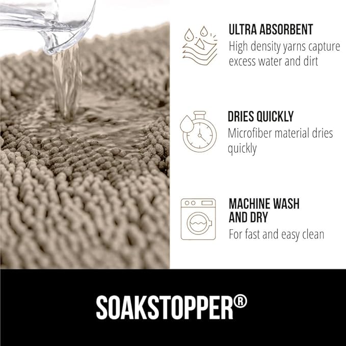 GORILLA GRIP SoakSTOPPER Dog Door Mat, 30x20 Machine Washable Rug Absorbent Doormat Captures Moisture Mud Dirt, Quick Dry Soft Chenille Entryway Rugs Indoor Entrance Mats for Dog Paws, Beige
