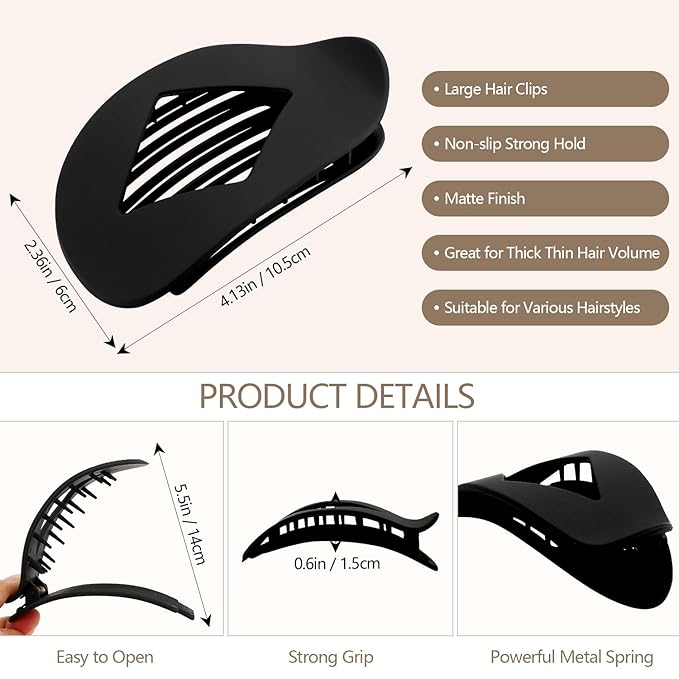 Large Flat Round Hair Clips Oval Claw Clips for Thick Medium Thin Hair 6Pcs Non Slip Strong Hold Barrettes Duckbill Accessories for Women Girls Matte Black Color