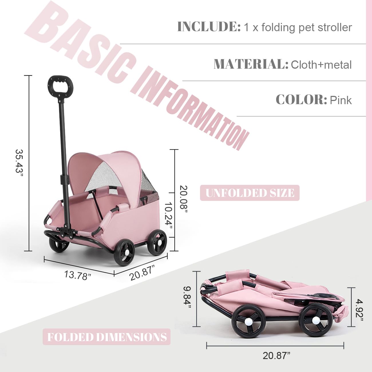 La La Pet 4-Wheel Dog Stroller with Sunshade Cover Collapsible Mesh Canopy Portable Pet Carrier for Outdoor Travel Shopping Walking Suitable for Small Dogs and Cats Pink
