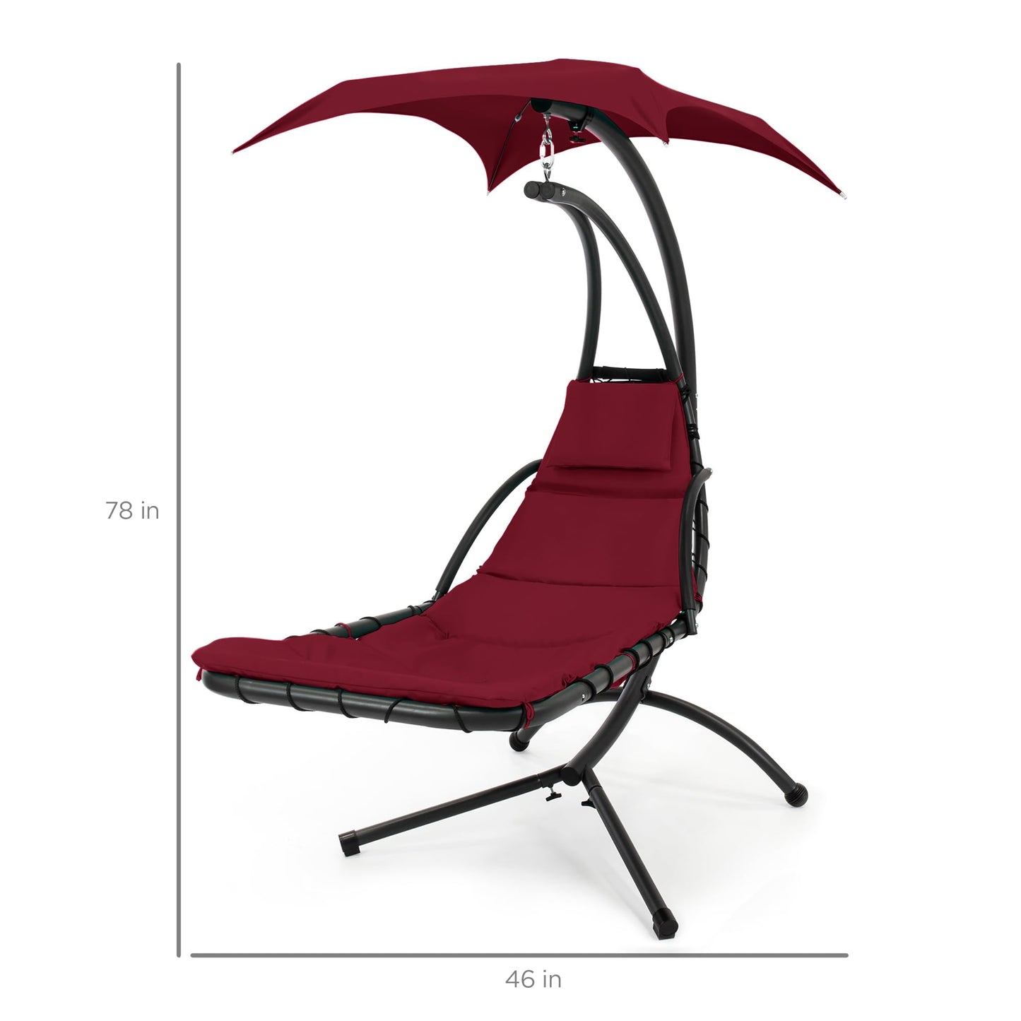 Best Choice Products Outdoor Hanging Curved Steel Chaise Lounge Chair Swing w/Built-in Pillow and Removable Canopy - Burgundy
