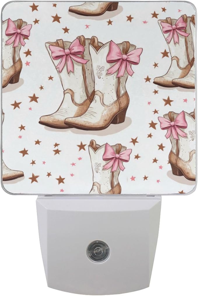 Pigsaly Led Night Light Cowgirl Boots Bows Night Light Plug in Wall Lamp Smart Dusk to Dawn Sensor Nightlight Led Lamp Energy Saving Lights Gift for Kids Room Bedroom Bathroom Hallway
