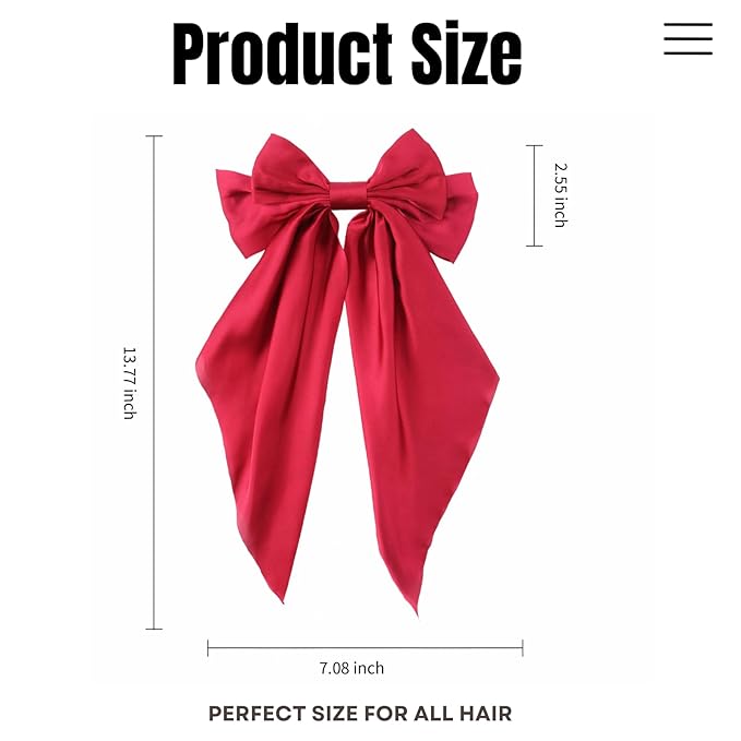 2PCS Big Hair Bow Clips for Women Girls Ã¢ÂÂ Red Satin Ribbon Bow Barrettes with Long Tails, Large Hair Accessories for Ponytail, Holiday, Party & Date Night