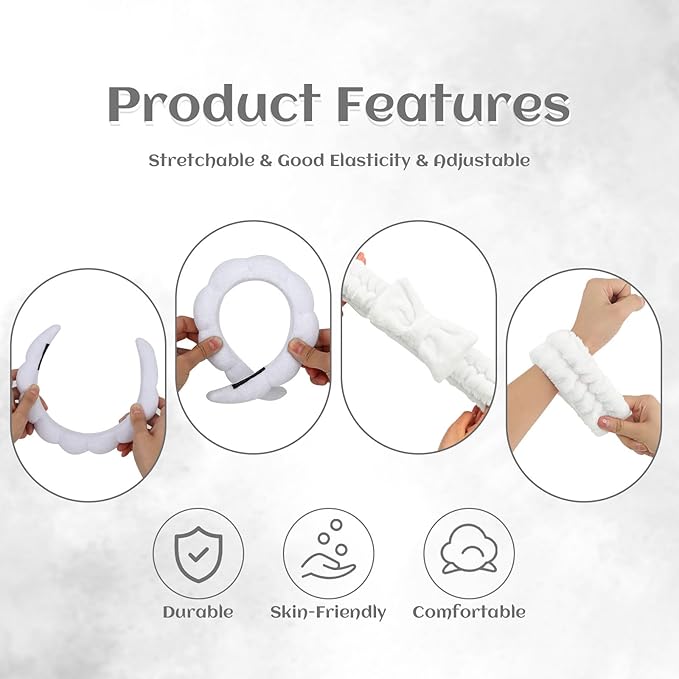Spa Headband and Wristbands Set - 6 Pcs Terry Cloth Puffy Headbands for Skincare, Makeup Removal and Shower