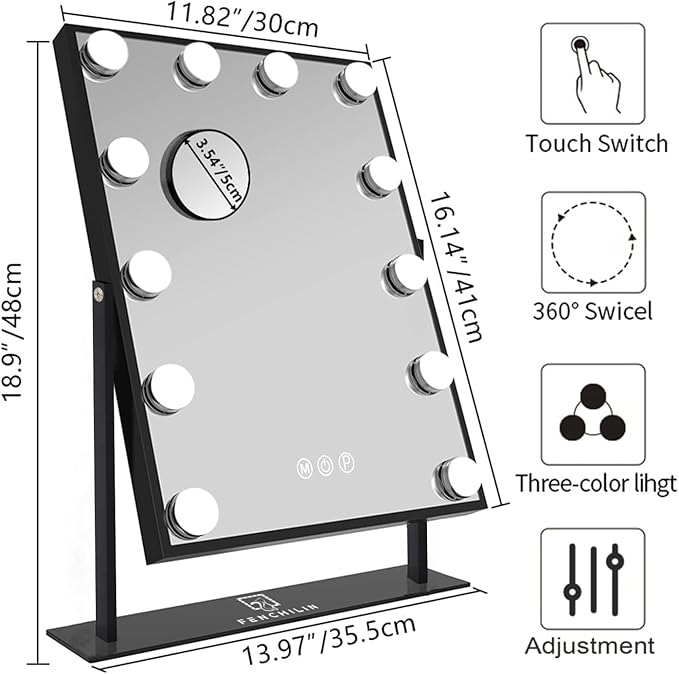 FENCHILIN Lighted Makeup Mirror Hollywood Mirror Vanity Makeup Mirror with Light Smart Touch Control 3Colors Dimable Light Detachable 10X Magnification 360°Rotation(Black)