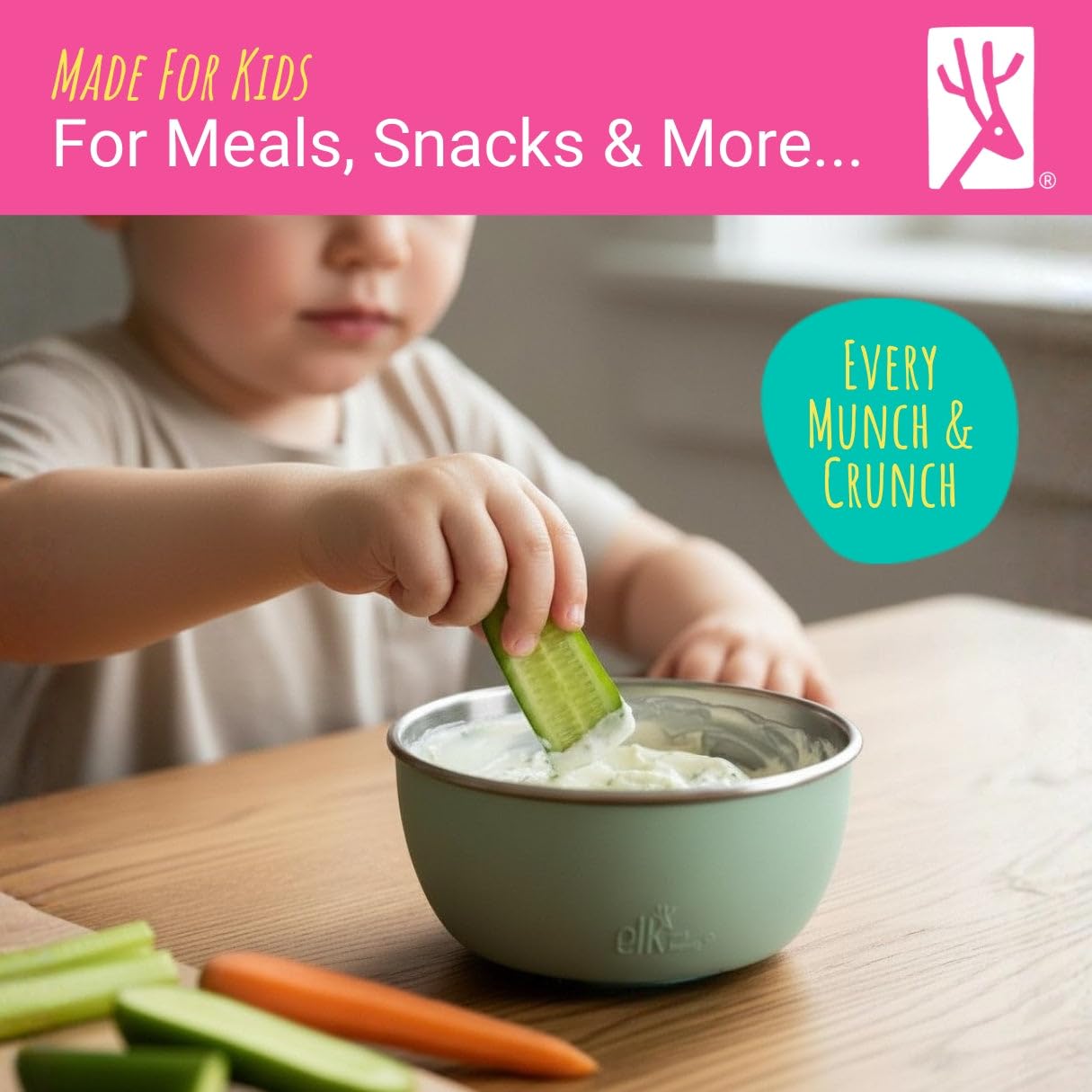 Elk and Friends Stainless Steel Bowls with Silicone Sleeve for Babies & Toddlers | Lids Included | Stay Put Suction | Cereal & Snack Bowls | 4 Pack