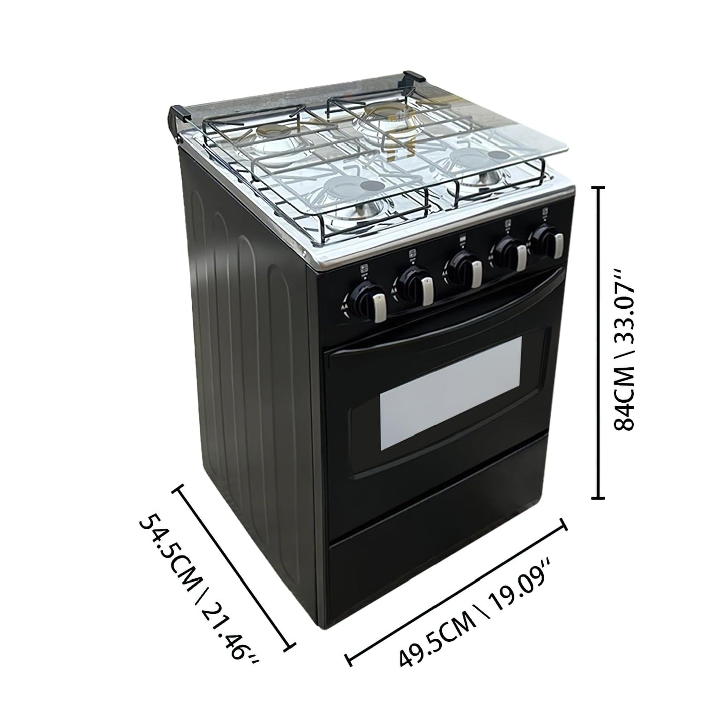 20" Freestanding LPG Oven - Equipped with 4 coil burners and Gas Stove with stainless steel 50L oven (Black: Automatic ignition)