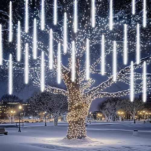 Dazzle Bright 1728 LED Christmas Light, Meteor Shower Rain Lights 11.8 Inch 48 Tubes, Waterproof Plug in Falling Rain Lights Decorations for Xmas Tree Yard Party (White)
