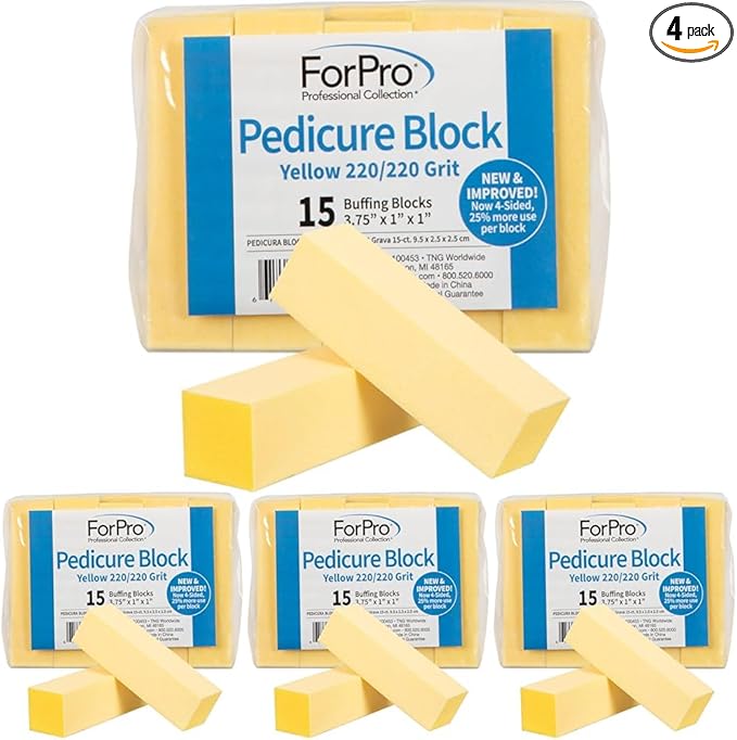 ForPro Professional Collection Yellow Pedicure Block, 220/220 Grit, Three-Sided Pedicure Nail Buffer, 3.75”L x 1”W x 1”H, Yellow, 15-Count (Pack of 4)