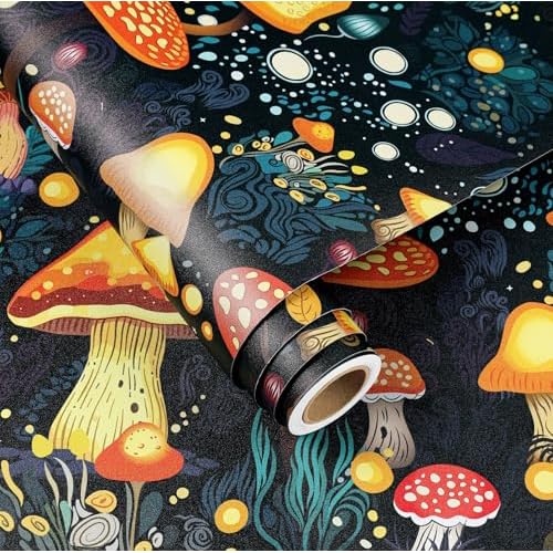 FunStick Gold Dark Blue Mushroom Wallpaper Peel and Stick Boho Woodland Botanical Wall Paper for Bedroom Bathroom Kids Room Wall Mural Colorful Orange Self Adhesive Mushroom Contact Paper for Cabinets