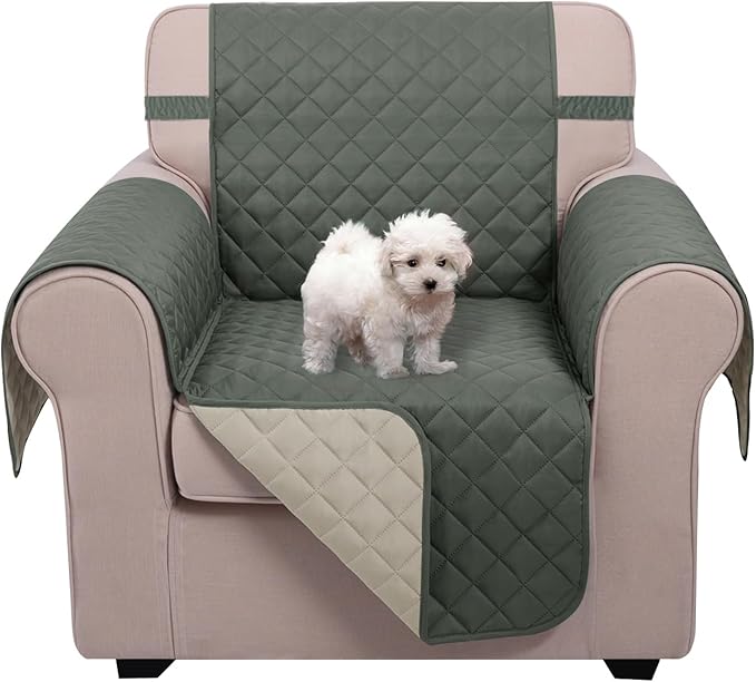 U-NICE HOME Recliner Chair Covers Reversible Chair Cover Pet Covers for Dogs with Elastic Straps Water Resistant Diamond Quilted (23''Armchair, Grey/Beige)