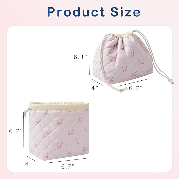 Cotton Quilted Drawstring Makeup Bag with Canvas Lining,Coquette Aesthetic Cute Travel Toiletry Bag,Drawstring Gift Bag for Women and Girls（13Small Pink Bow）