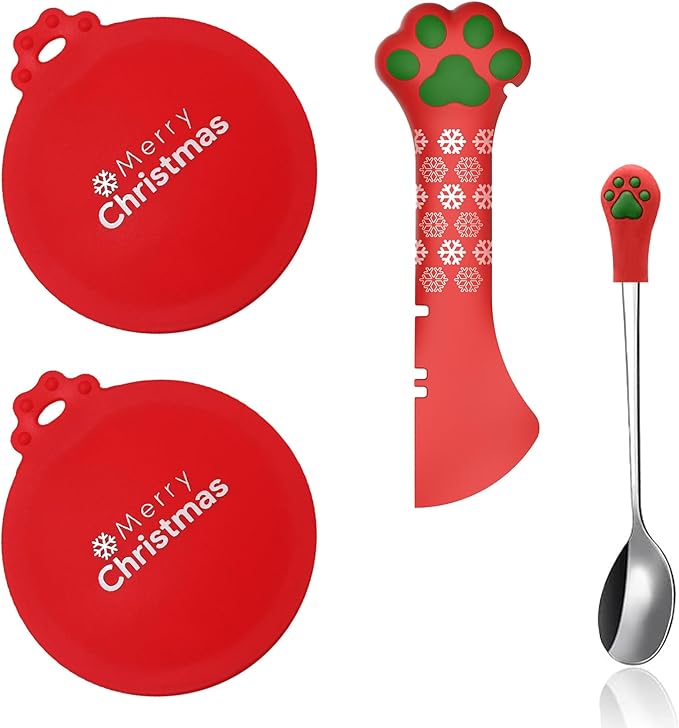 SJANE Cat Food Can Spoons & Lids | 4 Pcs Christmas Style Gifts | Multi-Function Tin Opener | Silicone Pet Food Can Covers | Stainless Steel Wet Foodstuff Spoon for Cats and Dogs(Christmas Red)