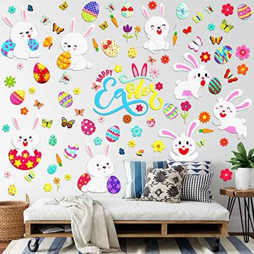Capoda 103 Pieces 6 Sheets Easter Eggs Bunnies Wall Decal Easter Egg Hunt Games Decals Adorable Bunny Sticker Rabbit Egg Clings for Wall Living Room Bedroom Home Decorations