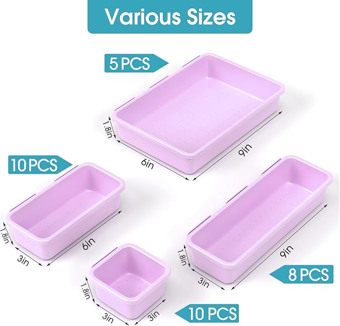 33 PCS Drawer Organizer Set, 4 Size Makeup Drawer Divider Organizer With Non-Slip Pads, Interlocking Plastic Storage Bins for Office,Jewelry Vanity,Gadgets, Bathroom,Kitchen, Purple