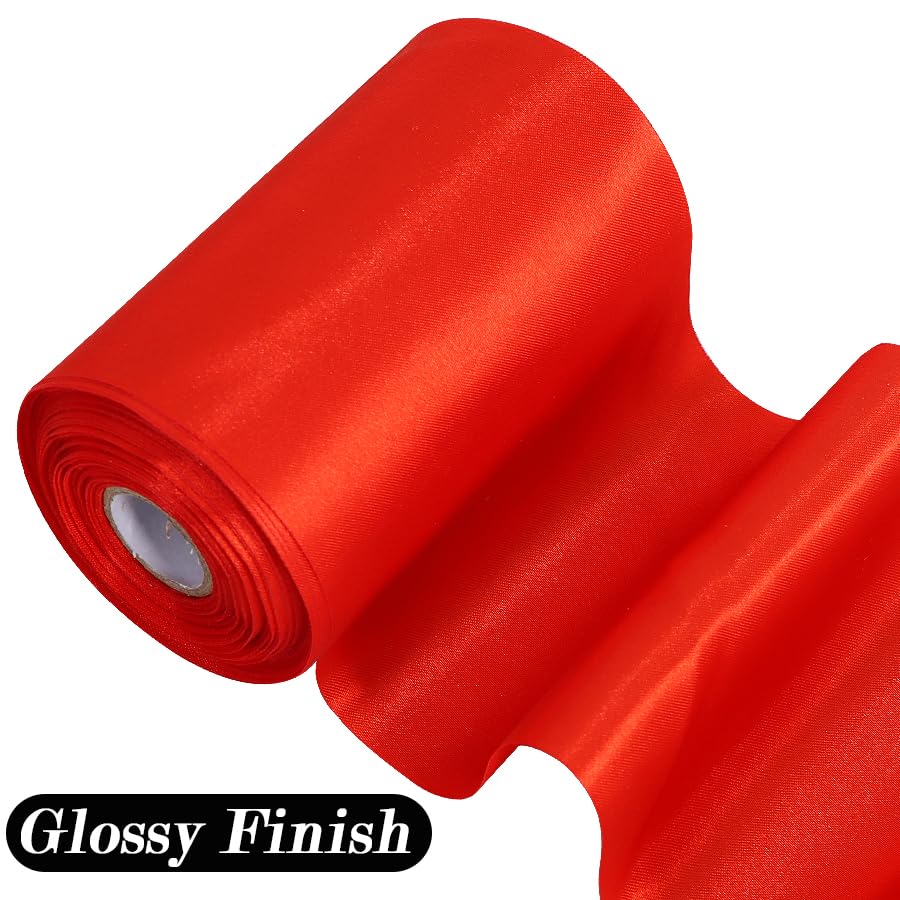 TONIFUL 6 inch x 22yd Wide Red Satin Ribbon Solid Fabric Large Ribbon for Grand Opening Cutting Ceremony Wedding Birthday Party Decoration Gift Craft Chair Sash Table Car Bows Indoor or Outdoor