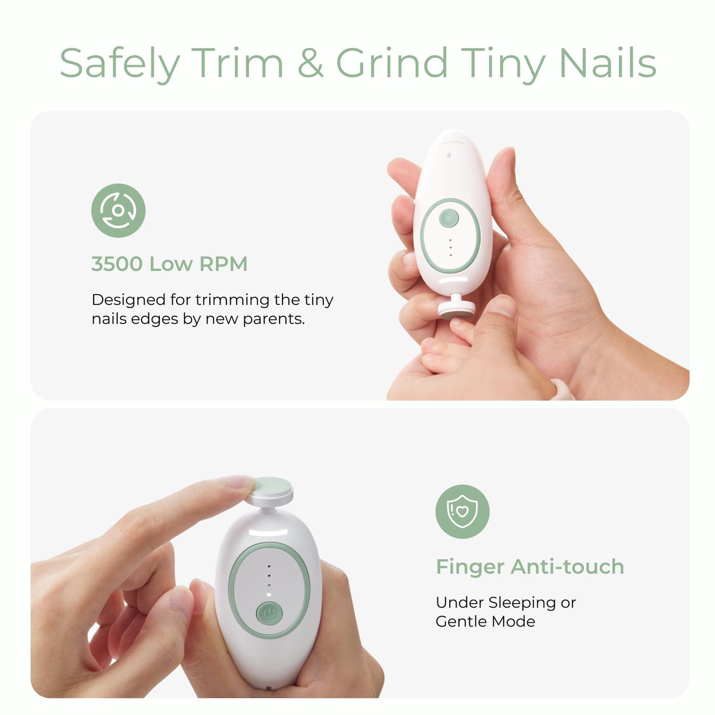 Momcozy Baby Nail File Electric, Gentle Baby Nail Trimmer Electric, Baby Nail Clipper with Night Light, 7 Grinding Head Replacement Pads, Green
