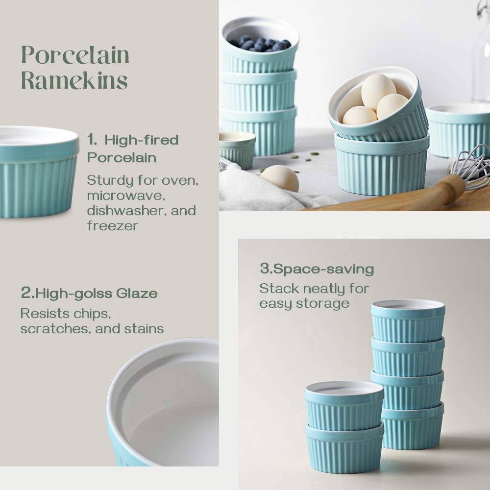 DOWAN 10 oz Porcelain Ramekins - Oven Safe for Creme Brulee & Souffle, Classic Style Baking Bowls, Set of 6, Blue