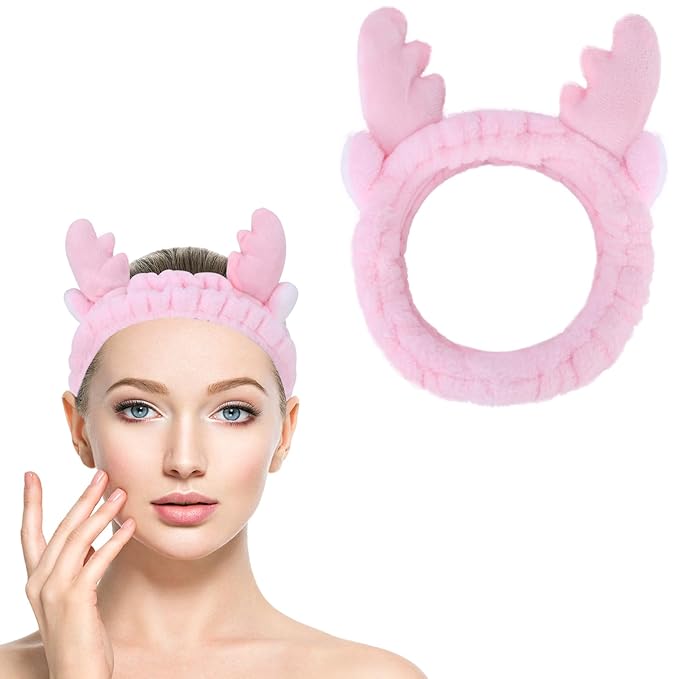 Jowmoy Cute Pink antlers Headband Frog Eye Elastic to Wash Face for Women Makeup Shower Spa.