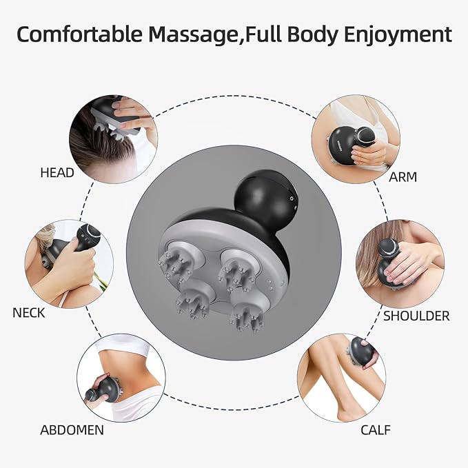 cotsoco Electric Scalp Head & Back Massager, Cordless Hair Massage Waterproof Head Massager with 4 Heads 84 Nodes for Hair Growth, Stress Relief & Deep Clean, Gifts for Men Women, Black