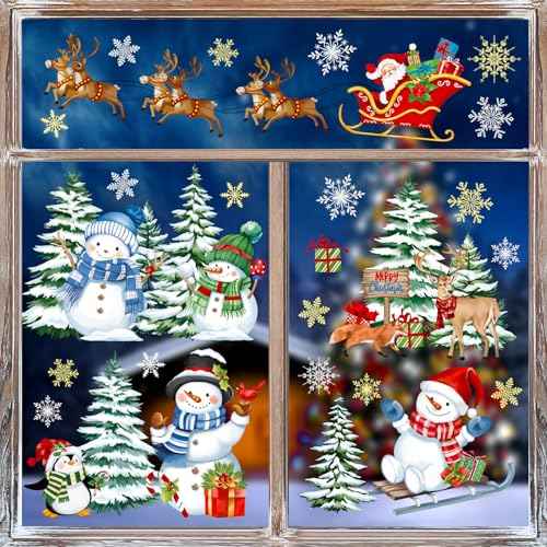 decalmile Christmas Winter Snowman Reindeer Window Clings Reusable Santa Claus Elk Xmas Tree Window Decals Double Side Printed Window Stickers Glass Door Home Party Shop Showcase Decoration