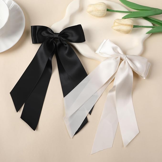 LuSeren 2 PCS Double Layer Hair Bows Beige Black Hair Ribbon Clips Ponytail Holder Accessories for Women Girls Toddlers Teens Kids
