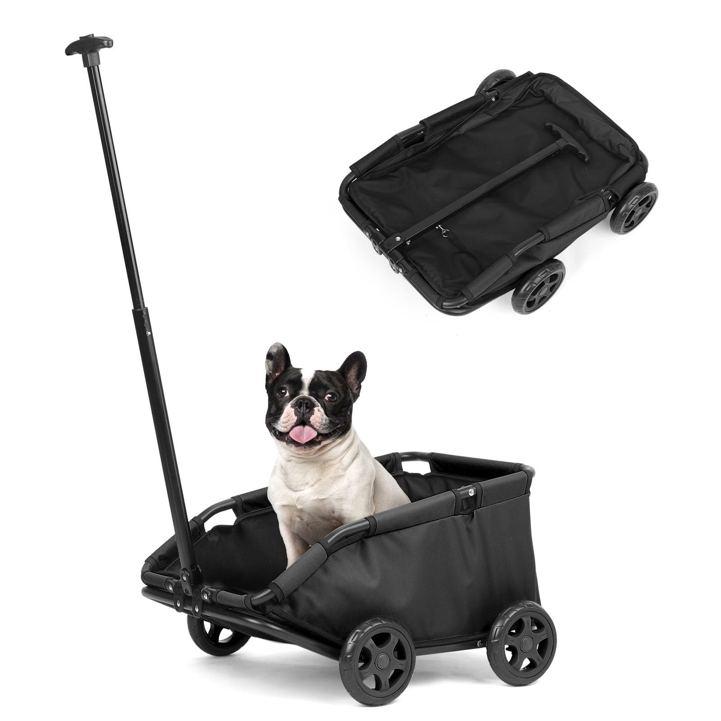 AESRAOU Mini Dog Strollers for Mini Pets, Foldable Multifunctional Shopping Carts with Extendable Pull Handle, Doggie Wagon Built-in Cushion and Safety Rope with Storage Bag (Black)