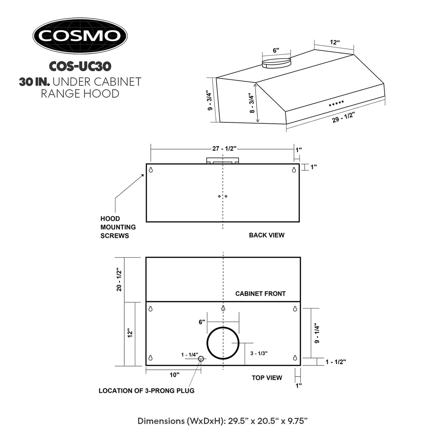 COSMO UC30 29.5 in. Ducted Under Cabinet Range Hood, Kitchen Over Stove Vent, 3-Speed Fan, Permanent Filters, LED Lights in Stainless Steel, 30 inch