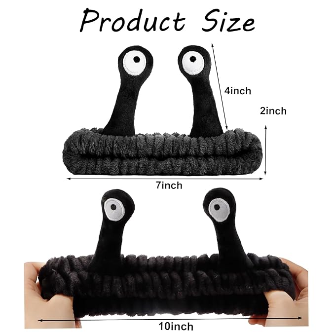 SuPoo Black Snail Face Wash Headband - Funny Skincare Spa Headband with Cute Alien Puffy Antenna Eyes for Women, Stretchy Hair Wrap Makeup Accessory