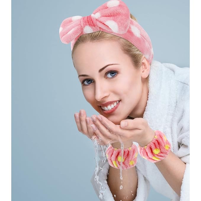 12PCS SPA Headband and Wristband Set Super Cute Soft Microfiber Makeup Headband for Women Girls Elastic Bow Skincare Headbands with Highly Absorbent Wristbands for Washing Face Shower