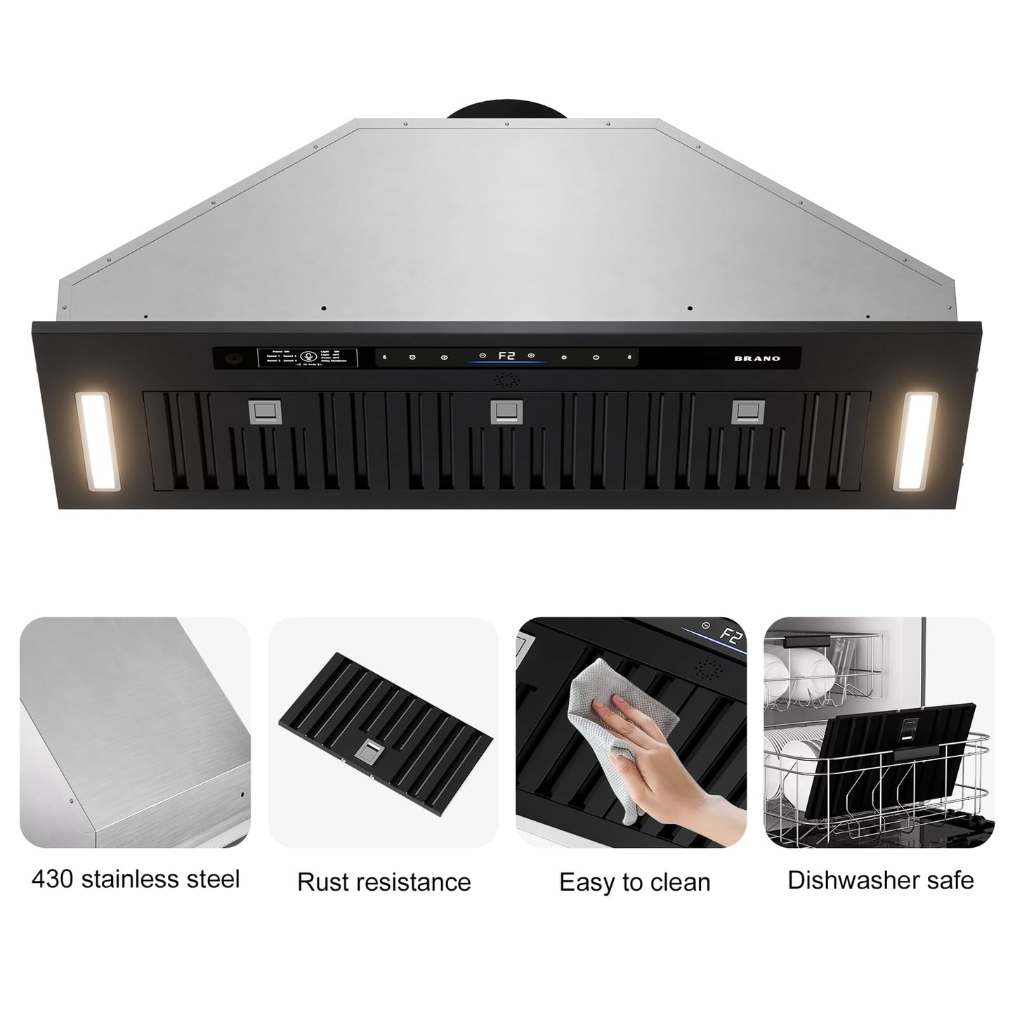 BRANO Range Hood Insert 36 Inch, 900 CFM Voice/Gesture/Touch Control Build-in Kitchen Hood Vent with 4 Speed Exhaust Fan, Memory Mode, Adjustable Lights, Ducted/Ductless Convertible