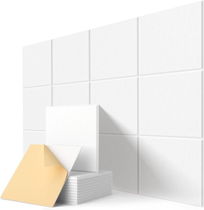 Square Acoustic Wall Panels, Sound Absorbing Panels for Walls, Ceiling, Doors, 12 Pack 12"x12"x0.4" Self Adhesive Decorative White Acoustic Tiles for Recording Studio, Office, Room, Home