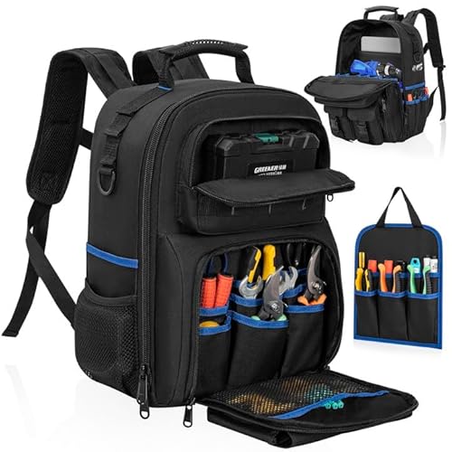 Tool Backpack, Heavy Duty Tool Bag with Padded Shoulder and Removable Tool Organizer, Water-Resistant Work Backpack, for Electrician, Plumber, HVAC, Cable Repairman, Black & Blue
