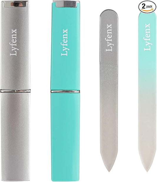 2-Pack Mini Glass Nail File with Case for Natural Nails,2mm Thickness Elegant Crystal Nail Filer,Double Sided Etched Fingernail Files Gentle Nail Care Stocking Stuffers for Travel Silver&Green