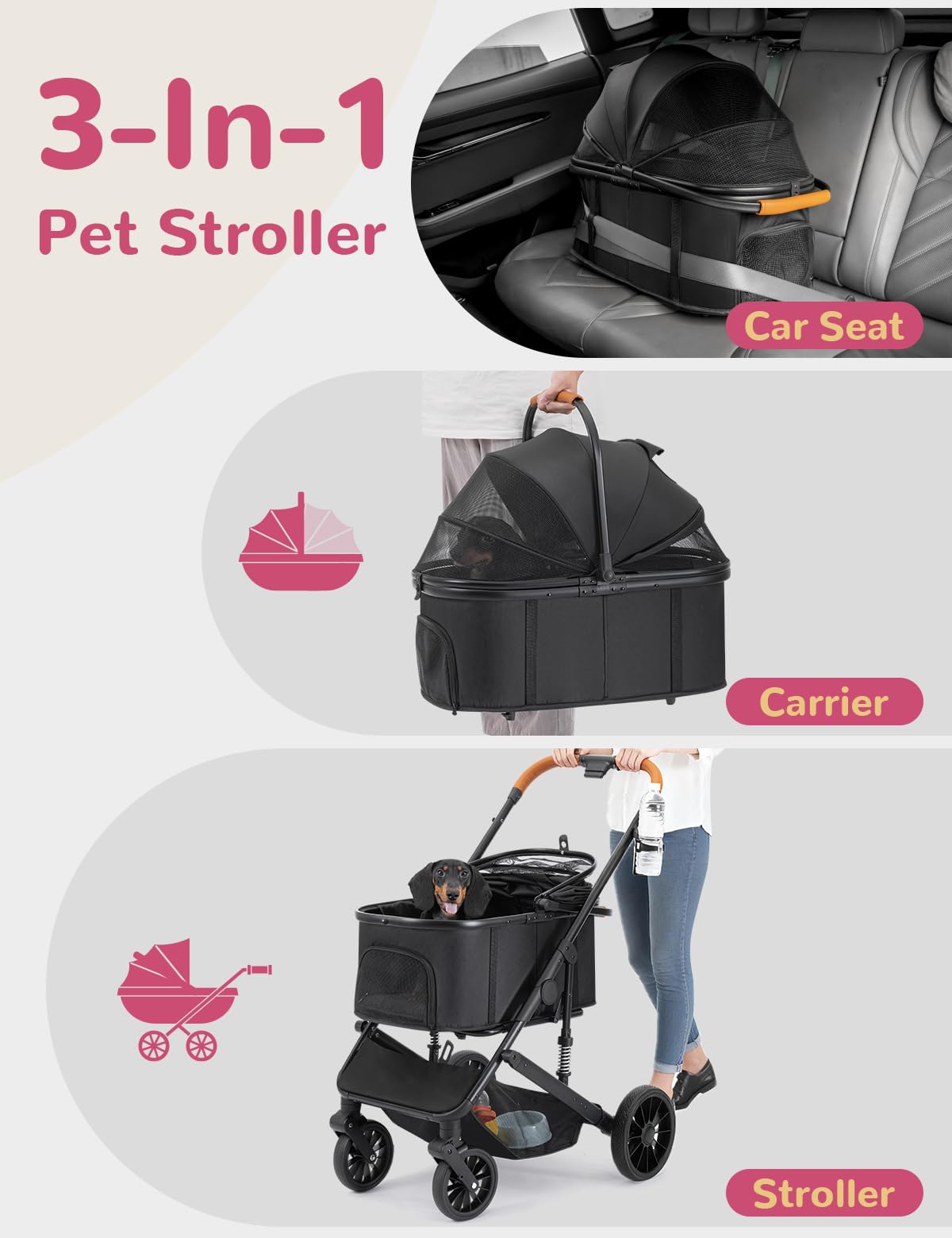 SUNTHX Dog Stroller for Small Medium Dogs Up to 60lbs, 4 Wheels Folding Pet Stroller with Detachable Carrier, Pet Travel Carrier for 2 Dogs & Cats, Storage Basket, Breathable Mesh, Cup Holder, Black