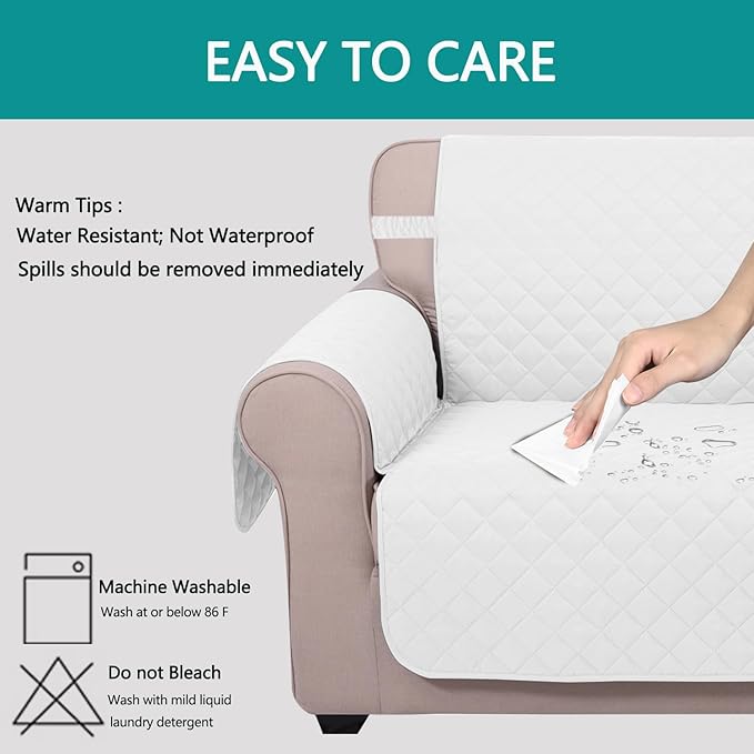 U-NICE HOME 4 Seater Sofa Cover 91 Inch Large Couch Covers for 4 Cushion Couch with Elastic Straps Water Resistant Furniture Protector Cover for Pets Cat (Sofa XX-Large, White/White)