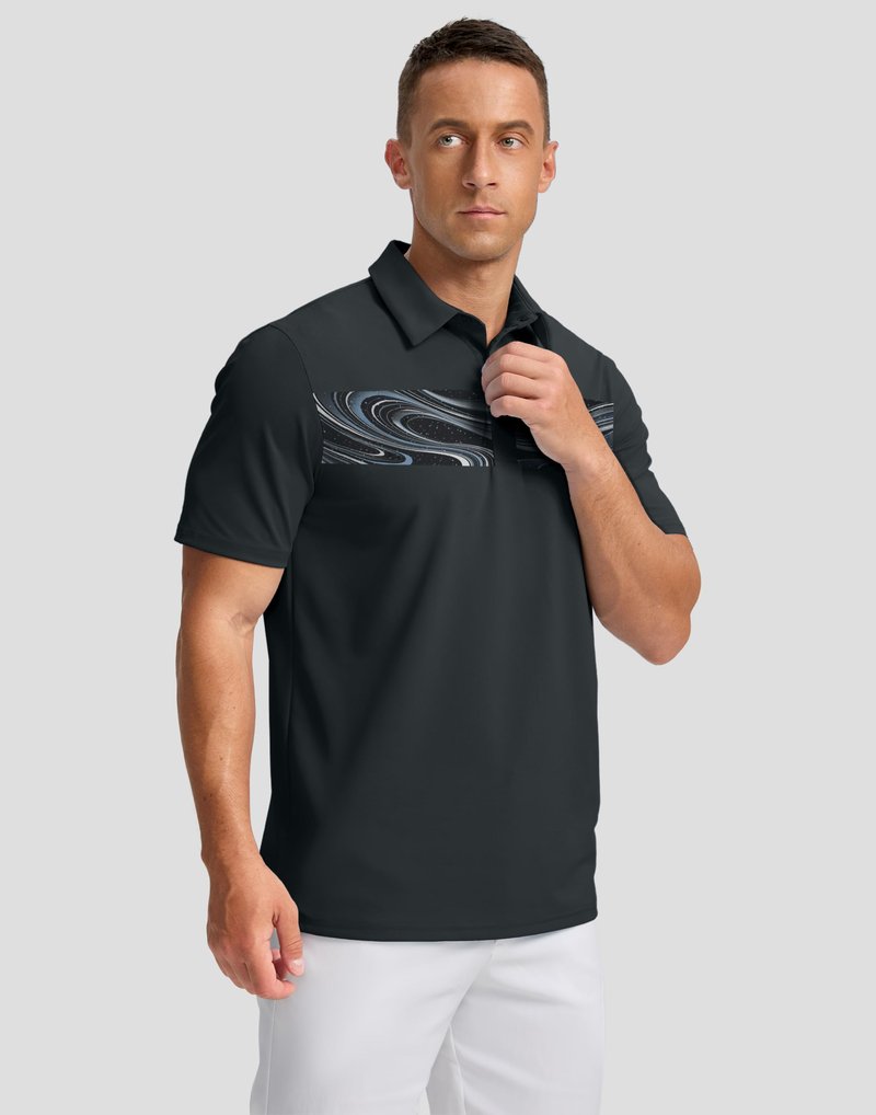 Men's Golf Shirts Dry Fit Moisture Wicking Performance Short Sleeve Collared Polo Shirts for Casual Athletic Business (Black Galaxy, 4XL)