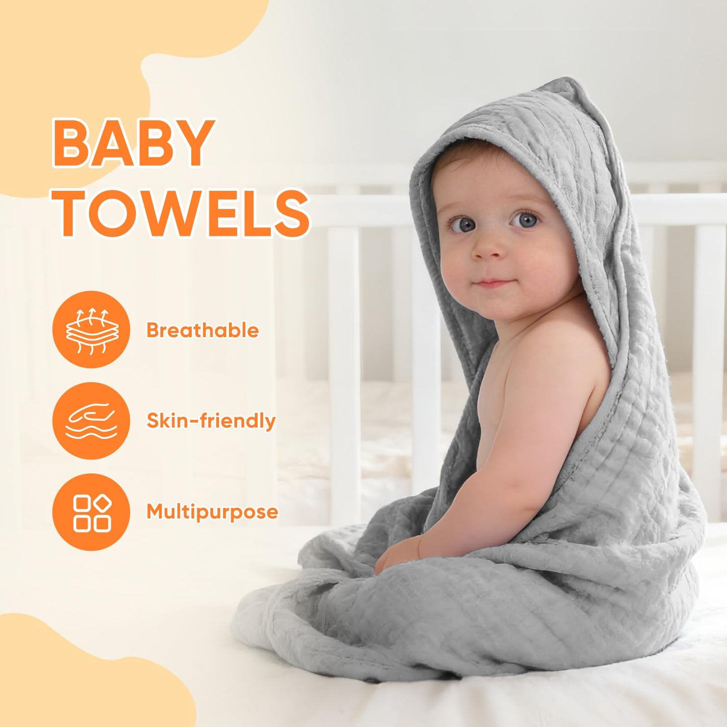MIGIOL Muslin Hooded Baby Towels 100% Cotton ，Super Soft Muslin Baby Bath Towel - 32 x 32 Inches, Suitable for Newborn and Young Children up to 3 Years Old. (Grey & Green)