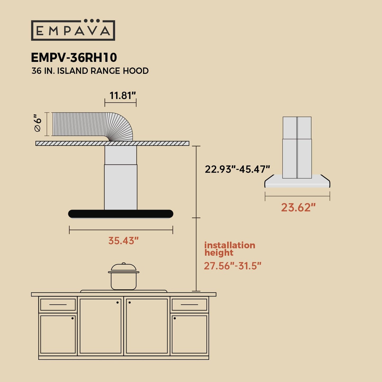 Empava 36“ Island Range Vent Hood Ceiling-Mount, 3-Speed Touch Control, Timer, Stainless Steel Baffle Filters, 4 LED Lights, Convertible Ducted to Ductless (Charcoal Filters Sold Separately)