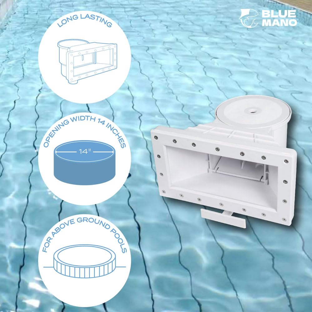 Blue Mano Wide Mouth Above Ground Pool Skimmer Complete Kit, Replacement for SP1091WM Dyna-Skim, 45-430, 32192, Opening Width 14" Fits for All Wide Standard Pool Wall
