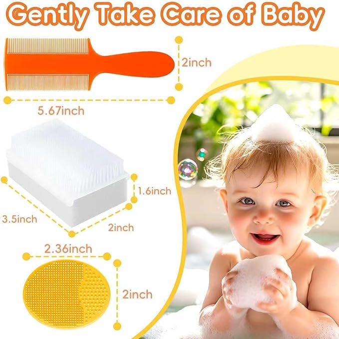 Cradle Cap Brush for Babies, Set of 5 Baby Bath Essentials with Bath Sponge Silicone Scrubber Long Handle Comb for Newborns Toddlers Boys Girls (Orange)